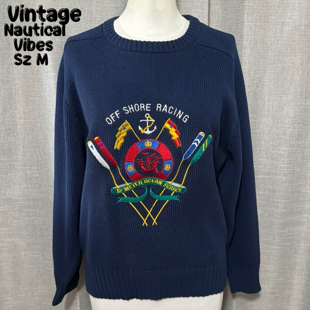 Vintage Nautical Vibes Crew Neck Cotton Sweater-Sz Adult M-Blue-EUC